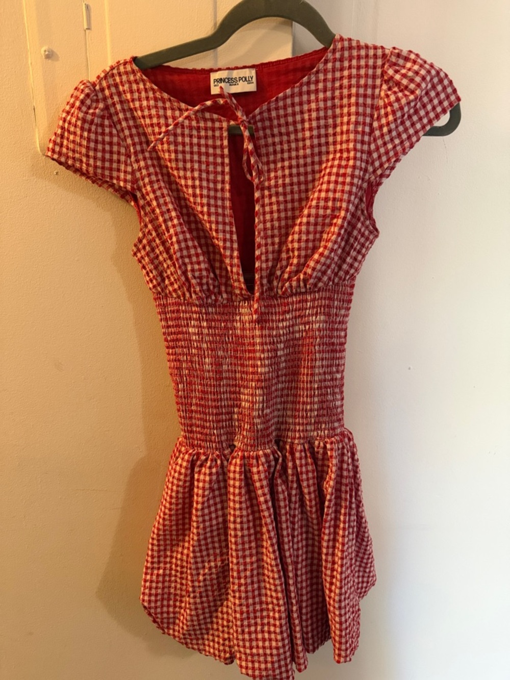 Princess Polly Red and White Gingham Tie-Neck Smocked Mini Dress